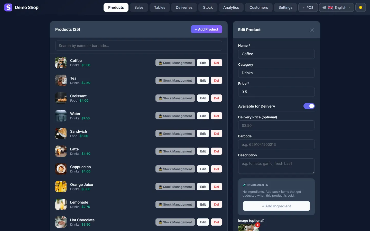 Sicada admin panel Products tab showing the product catalogue with an item being edited