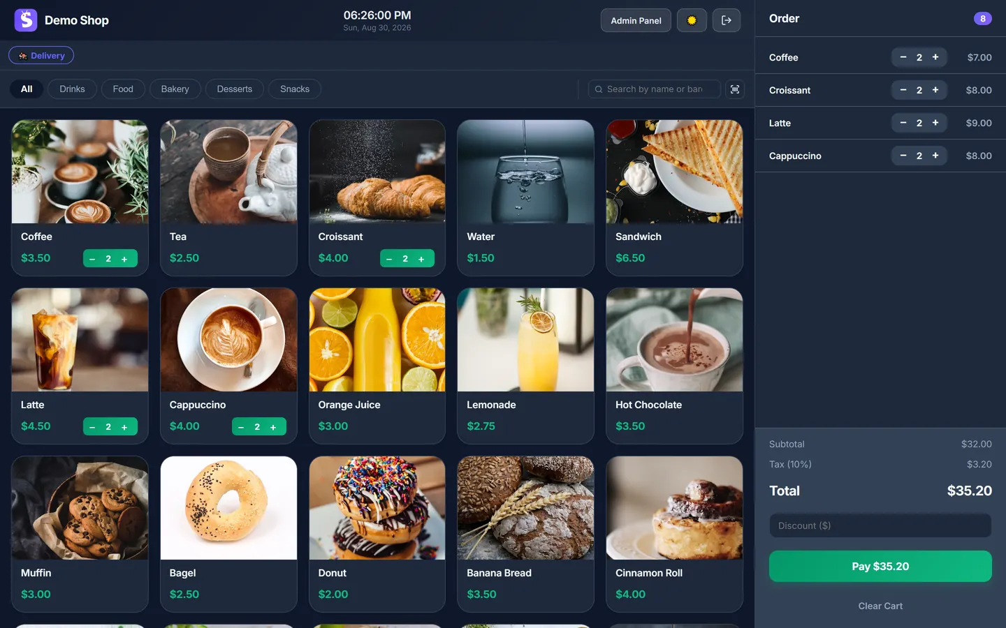 Sicada POS checkout screen showing items in the cart and the order total, running in a browser window